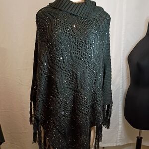 C EST 1946 Chic Knit Black Poncho With Silver Sparkle Knit On Half One Size